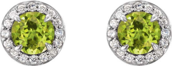Peridot and Diamond Halo-Style Earrings, 14k White Gold (4MM) (.125 Ctw, G-H Color, I1 Clarity)