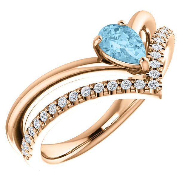 Aquamarine Pear and Diamond Chevron 14k Rose Gold Ring (.145 Ctw, G-H Color, I1 Clarity)