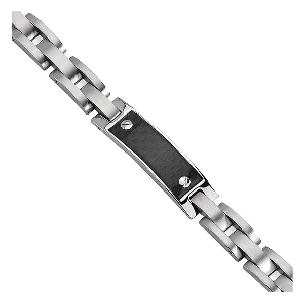 Men's Brushed Stainless Steel 10mm Black Carbon Fiber Inlay ID Link Bracelet, 8.75"