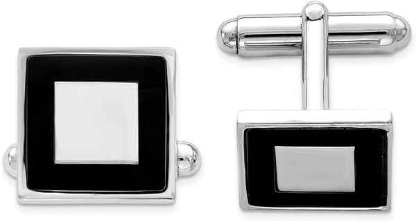 Italian Rhodium-Plated Sterling Silver and Black Square Cuff Links, 15 Millimeters