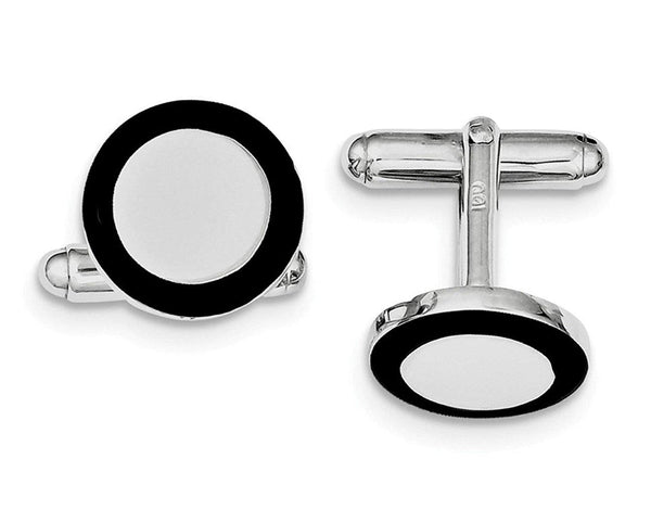 Rhodium-Plated Sterling Silver and Black Enamel Round Cuff Links, 15MM