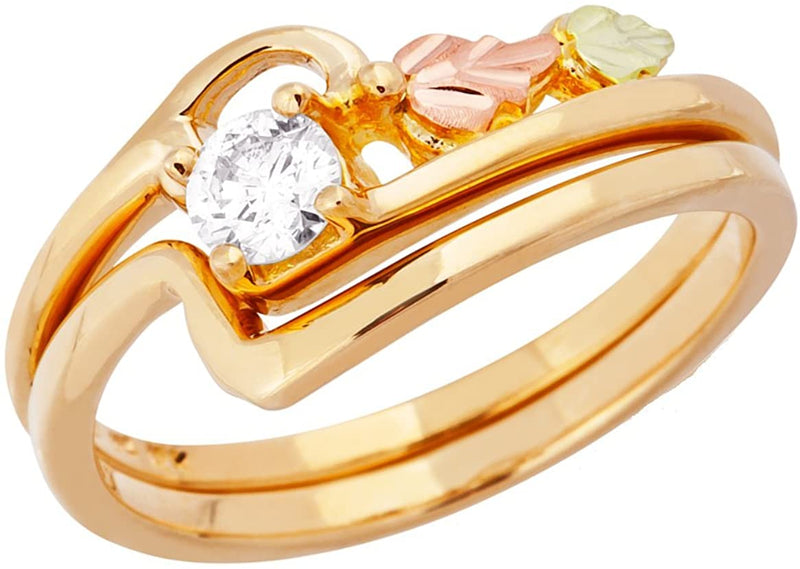Ave 369 Diamond with Leaves Engagement Ring, 10K Yellow Gold, 12k Green and Rose Gold Black Hills Gold Motif