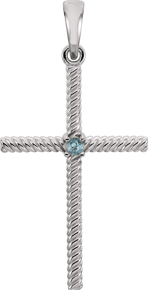 Swiss Blue Topaz Rope-Trim Cross Rhodium-Plated 14k White Gold Pendant (31.95x16.3MM)