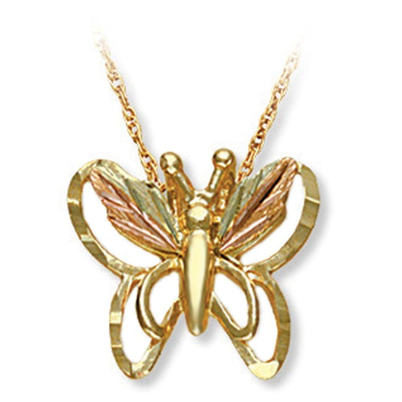 Diamond-Cut Butterfly Pendant Necklace, 10k Yellow Gold, 12k Green and Rose Gold Black Hills Gold Motif, 18"