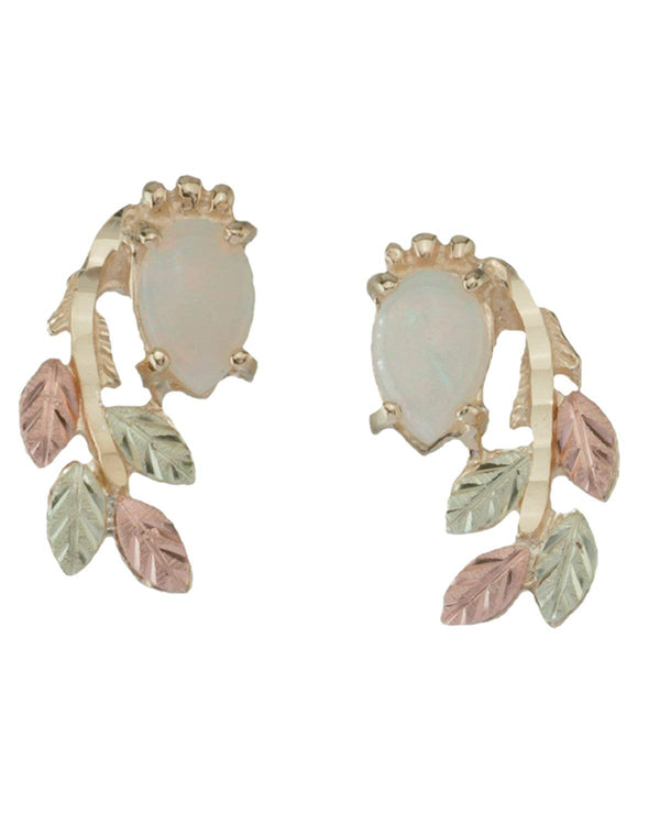 Opal Pear Cabochon Cascade Earrings, 10k Yellow Gold, 12k Green and Rose Gold Black Hills Gold Motif