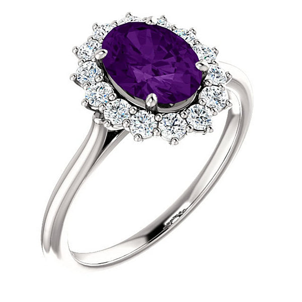 Amethyst and Diamond Halo 14k Yellow Gold Ring, Size 7