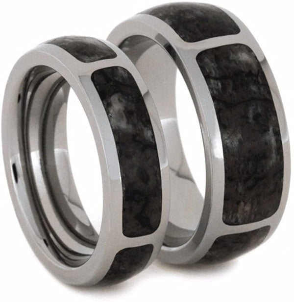 Dinosaur Bone Comfort-Fit His and Hers Titanium Wedding Band Set, M13.5-F7.5