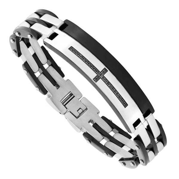 Men's Black CZ Cross with Ion Plated Bracelet, Stainless Steel, 8.5"