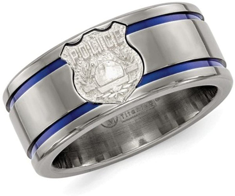 Edward Mirell Titanium Blue Anodized with SS Police Shield Tag 10mm Flat Band, Size 8.5