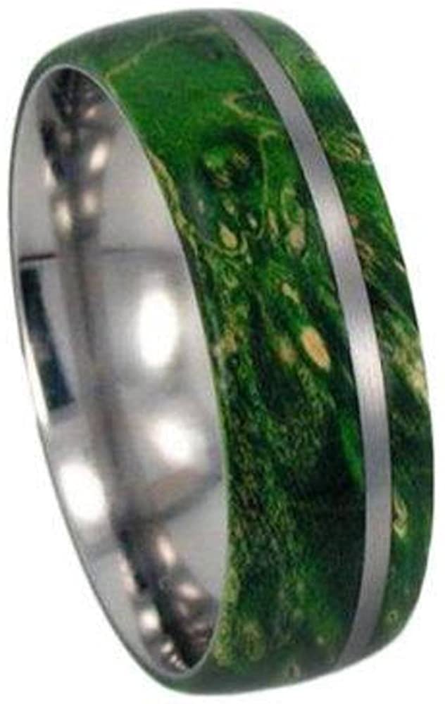 Created Emerald, Gibeon Meteorite 14k White Gold Ring and Green Box Elder Burl Wood Titanium Band, Couples Ring Set, M14-F5.5
