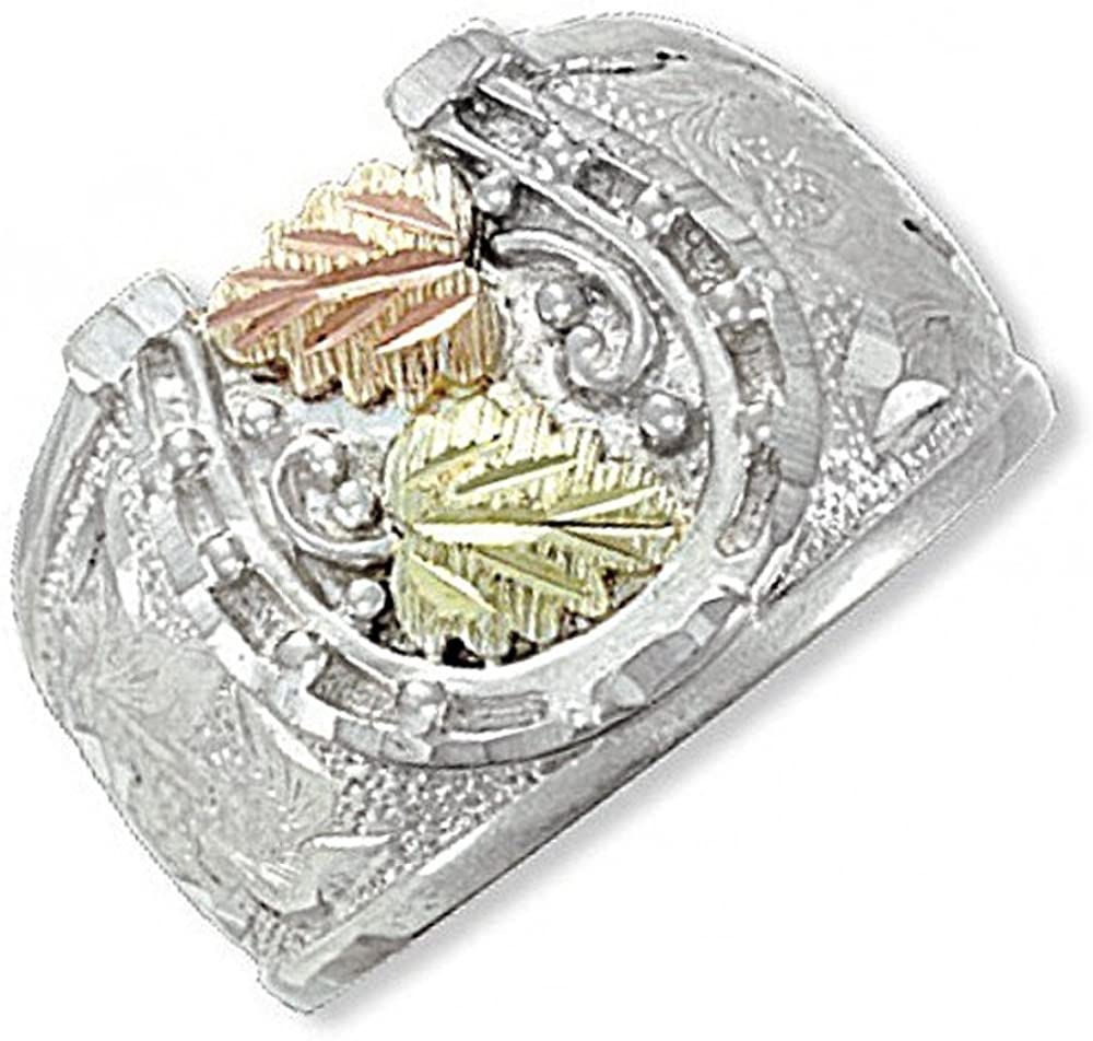Diamond-Cut Horseshoe Ring, Sterling Silver, 12k Green and Rose Gold Black Hills Gold Motif, Size 6