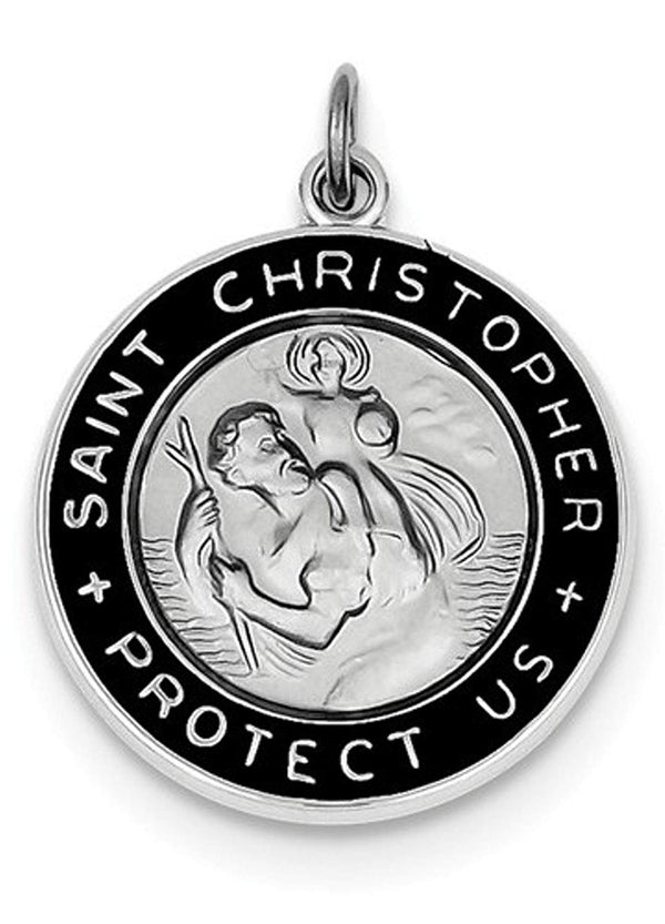 Rhodium-Plated Sterling Silver Enameled St. Christopher Medal Charm Pendant (26X20 MM)