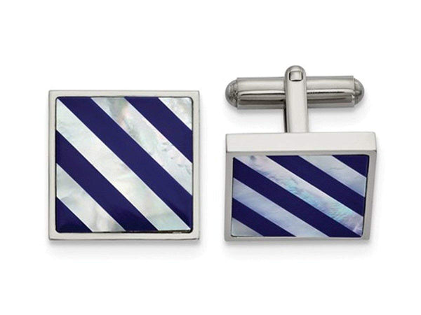 Stainless Steel, Polished Mother Of Pearl, Blue Shell Inlay Cuff Links, 18.59MMX 17.21MM