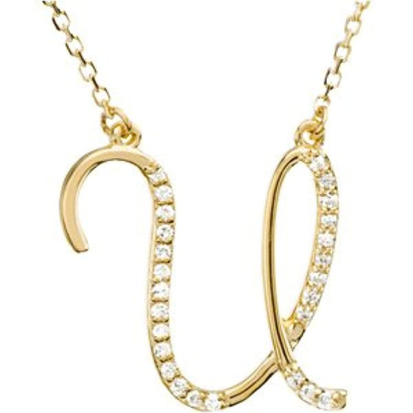 14k Yellow Gold Alphabet Initial Letter U Diamond Pendant Necklace, 17" (GH Color, I1 Clarity, 1/8 Cttw)