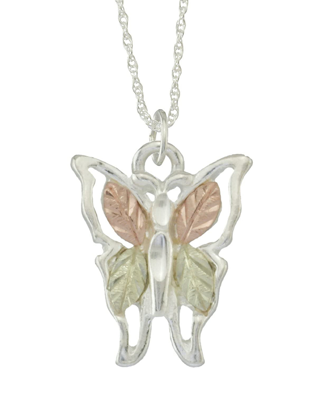 Butterfly Pendant Necklace, Sterling Silver, 12k Green and Rose Gold Black Hills Gold Motif, 18''