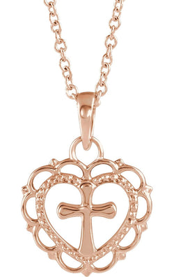 Scalloped Heart with Cross 14k Rose Gold Youth Pendant Necklace, 16" and 18" (15.50X11.70 MM)