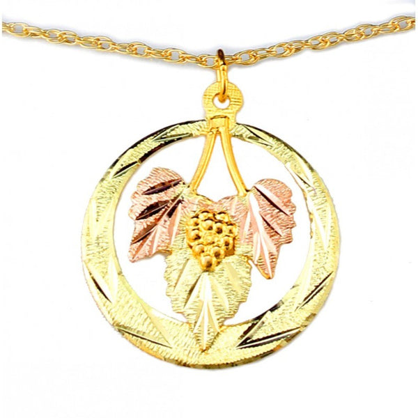Diamond-Cut Circle with Leaves Pendant Necklace, 10k Yellow Gold, 12k Green and Rose Gold Black Hills Gold Motif, 18"