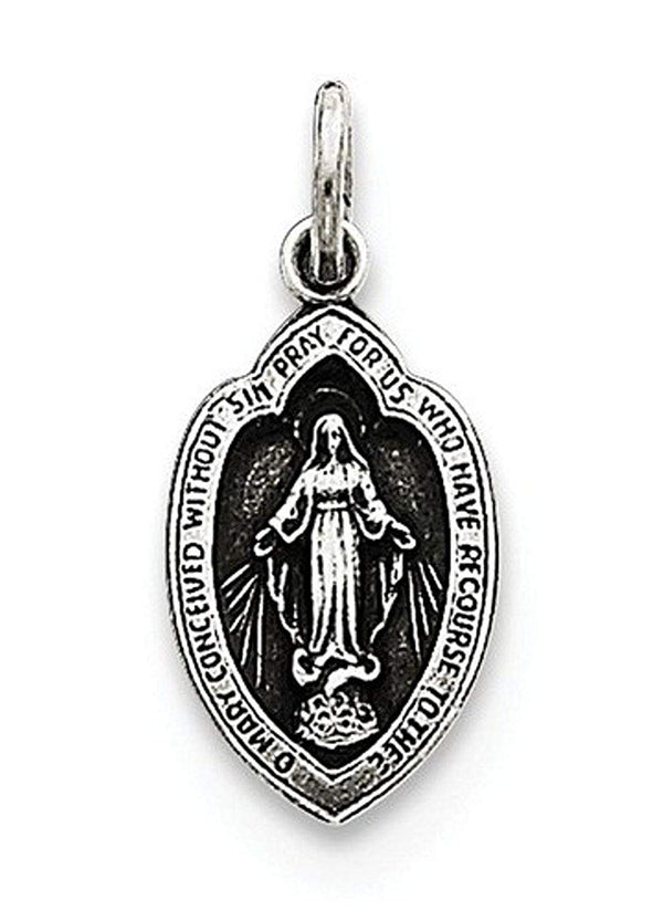 Sterling Silver Antiqued Miraculous Medal Charm Pendant (18X8 MM)