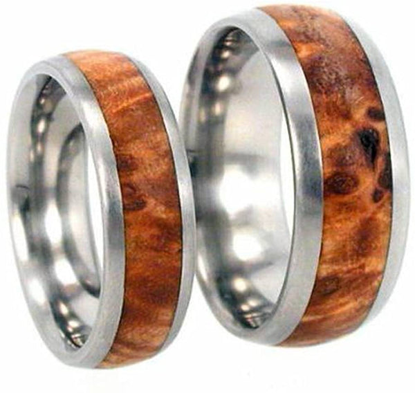 Titanium, Black Ash Burl Wood, His and Hers Wedding Band Set