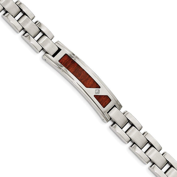 Men's Brushed and Polished Stainless Steel with Wood Inlay and CZ Bracelet, 8.5"