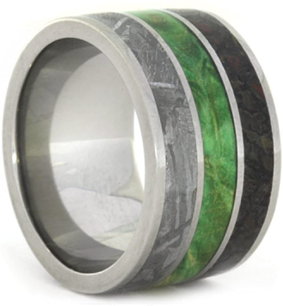 Green Box Elder Burl, Dinosaur Bone, Gibeon Meteorite 11mm Comfort-Fit Titanium Band, Size 9.25