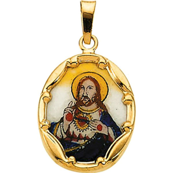 14k Yellow Gold Sacred Heart of Jesus Hand-Painted Porcelain Medal (13x10 MM)
