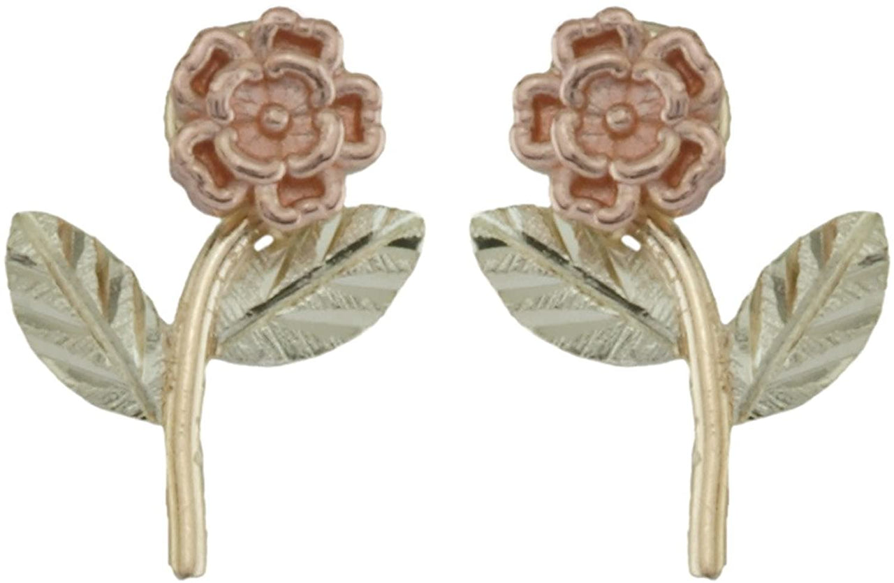 Rose Flower Earrings, 10k Yellow Gold, 12k Green and Rose Gold Black Hills Gold Motif