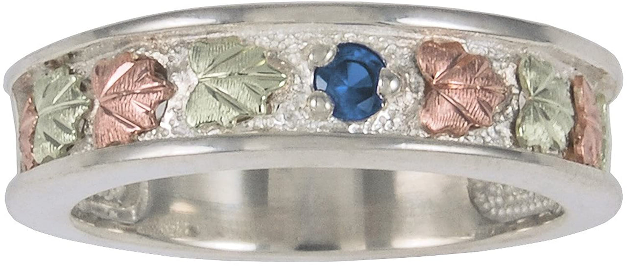 Blue Zircon Band, Sterling Silver, 12k Green Gold, 12k Pink Gold Black Hills Gold Motif, Size 8