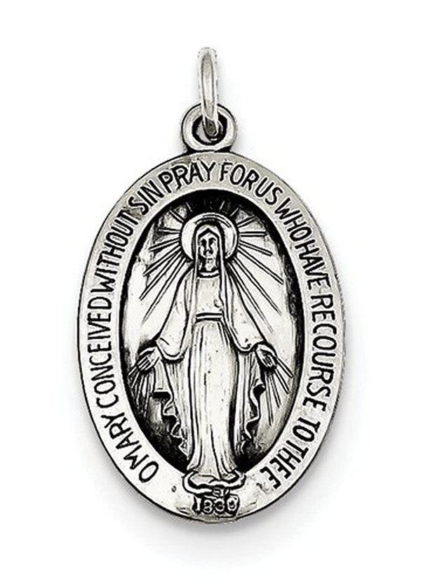 Sterling Silver Antiqued Miraculous Medal Charm Pendant (23X12 MM)
