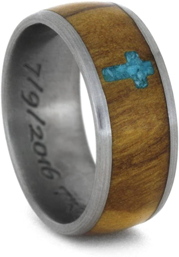 Inlaid Turquoise Cross, Olive Wood 8mm Comfort-Fit Matte Titanium Band, Size 13.5