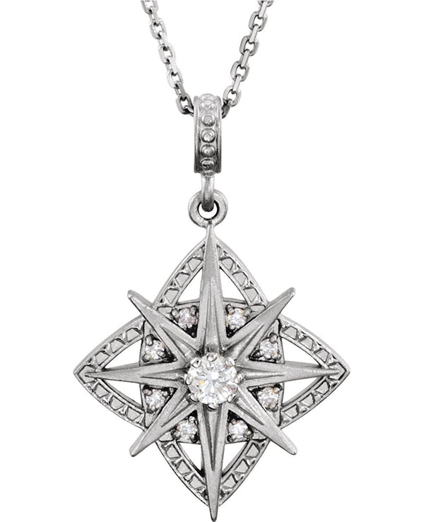 Diamond Vintage-Style 8 Point Star Sterling Silver Pendant Necklace, 18" (1/6 Cttw)