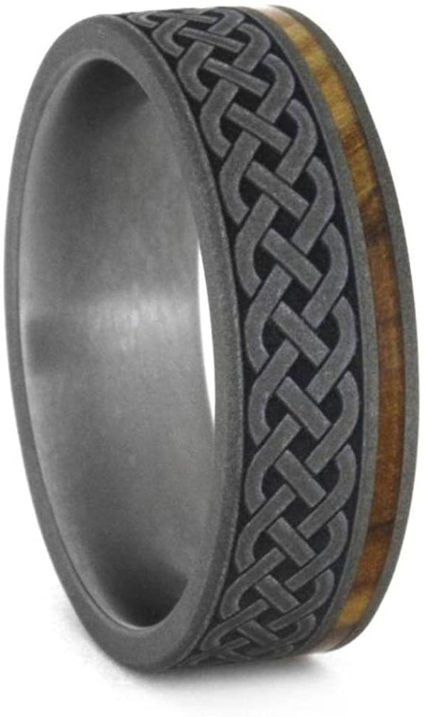 Oak and Olive Wood, Celtic Knot Engraving Comfort-Fit Sandblasted Titanium Couples Wedding Band Set Size, M9-F4.5