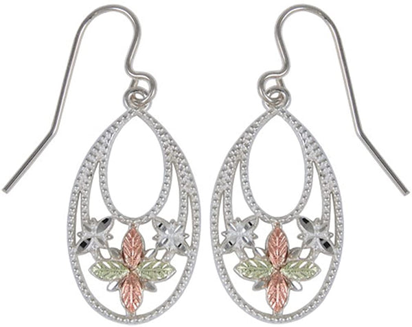 Granulated Oval Flower Drop Earrings, Sterling Silver, 12k Rose Gold, 12k Green Gold Black Hills Gold Motif