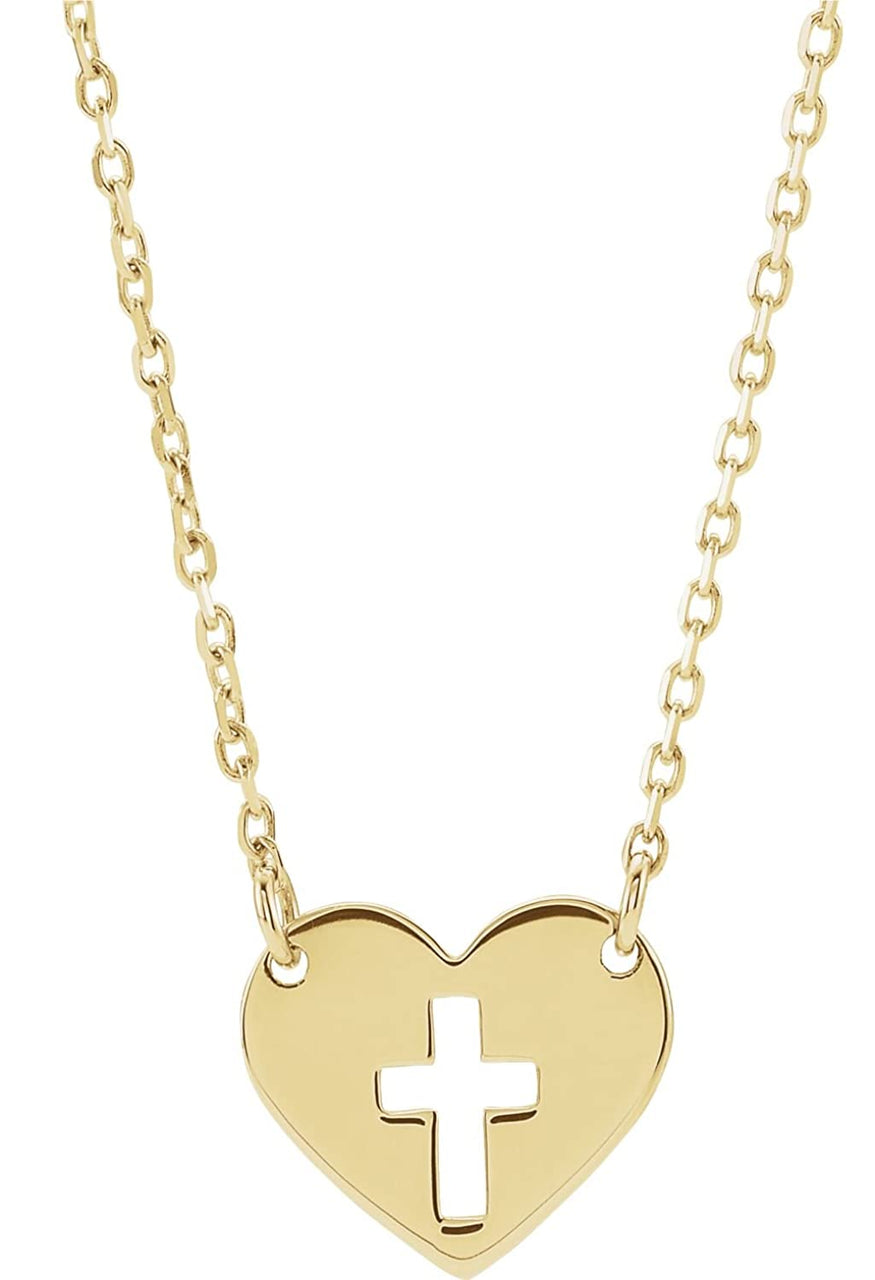 Pierced Cross Heart 14k Yellow Gold Necklace 18"