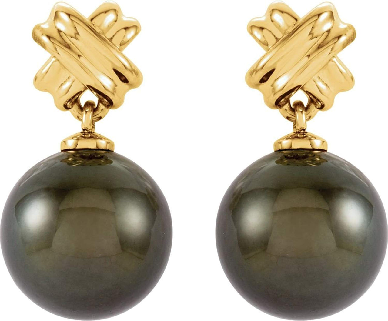 14k Yellow Gold Greek Saltire Cross and Black Tahitian Pearl Earrings