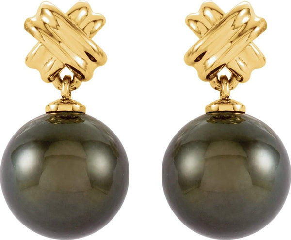 14k Yellow Gold Greek Saltire Cross and Black Tahitian Pearl Earrings