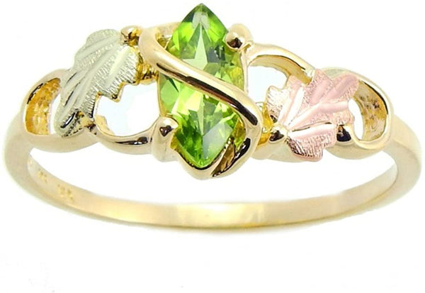 Marquise Peridot Slim Profile Ring, 10k Yellow Gold, 12k Green and Rose Gold Black Hills Gold Motif, Size 5.75