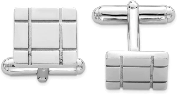 Italian Rhodium-Plated Sterling Silver Grooved Design Square Cuff Links, 14 Millimeters
