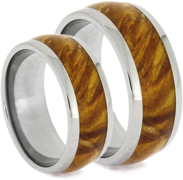 Gold Box Elder Burl Wood Comfort-Fit Titanium His and Hers Wedding Bands Sizes M 8-F5