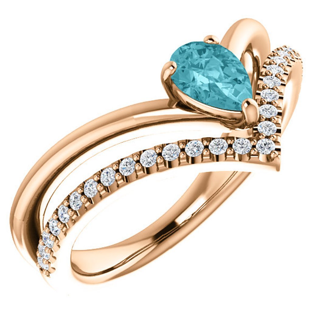 Blue Zircon Pear and Diamond Chevron 14k Rose Gold Ring (.145 Ctw, G-H Color, I1 Clarity)