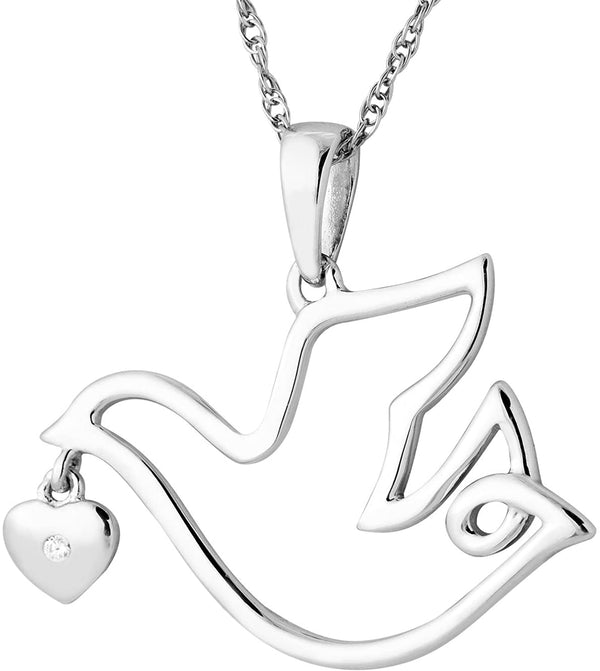 The Men's Jewelry Store (for HER) Dove with Diamond Heart Pendant Necklace, Rhodium Plated Sterling Silver, 18"