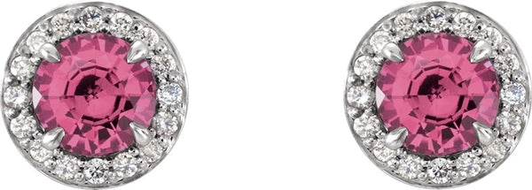 Pink Tourmaline and Diamond Halo-Style Earrings, 14k White Gold (3.5 MM) (.125 Ctw, G-H Color, I1 Clarity)