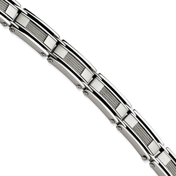 Men's Brushed Stainless Steel 11mm Silver Wire Inset Bracelet, 8.5"