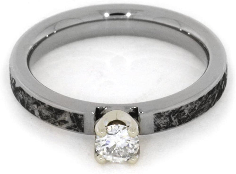Forever One Moissanite In 14k White Gold Prongs, Mimetic Meteorite 4mm Comfort-Fit Titanium Band, Size 6.75