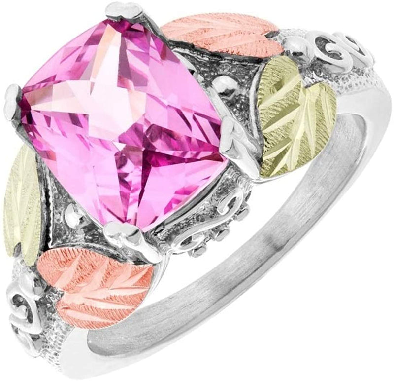 Rhodium-Plated Sterling Silver Cushion-Cut Created Pink Sapphire Ring, 12k Rose and Green Gold Black Hills Gold, Size 4.5