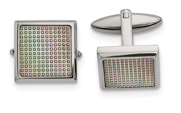 Stainless Steel, Anodized Block Rainbow Textured Square Cuff Links, 19.63X19.24MM
