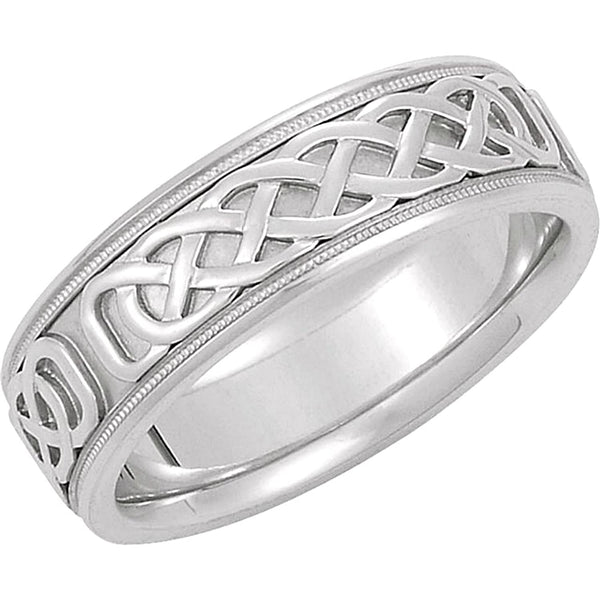 7mm 14k White Gold Celtic Infinity Circle Comfort Fit Milgrain Band, Sizes 5 to 12.5