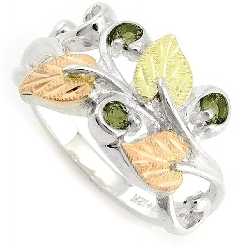 Lab Created Soude Peridot August Birthstone Ring, Sterling Silver, 12k Green and Rose Gold Black Hills Gold Motif, Size 7.75