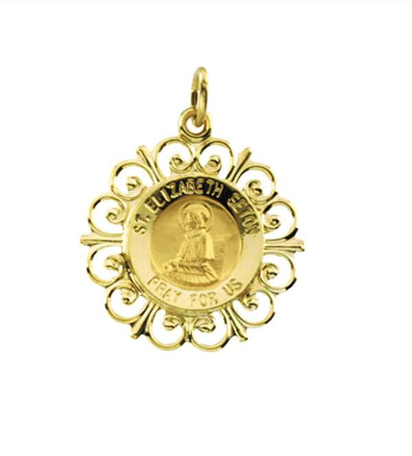 Rhodium Plated 14k Yellow Gold Round St. Elizabeth Seton Medal (18.5 MM)