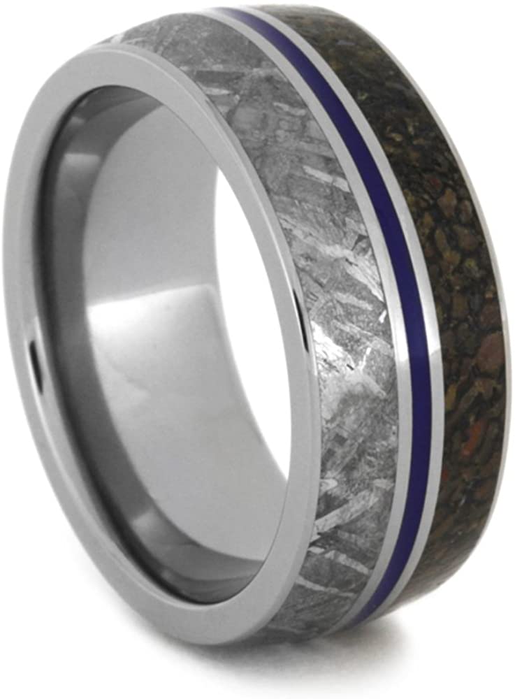 Blue Sapphire, Gibeon Meteorite Engagement Ring, Men's Gibeon Meteorite, Dinosaur Bone, His and Hers Titanium Wedding Band Set , M15.5-F5.5